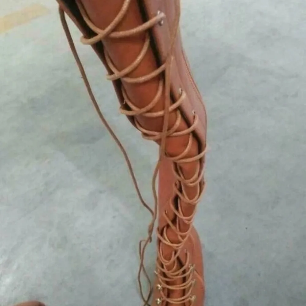 Brown Lace-Up Knee-High Boots